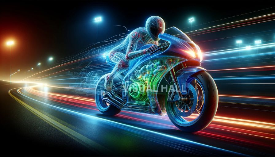 High-performance sports motorbike
High-performance sports motorbike engaged in a thrilling night race