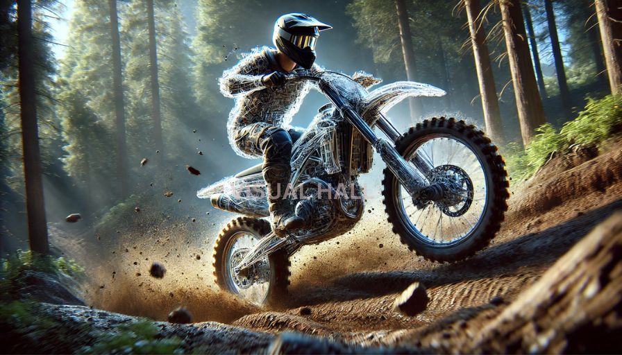 Dirt bike with rider A 3D-rendered dirt bike with rider racing through a rugged off-road track