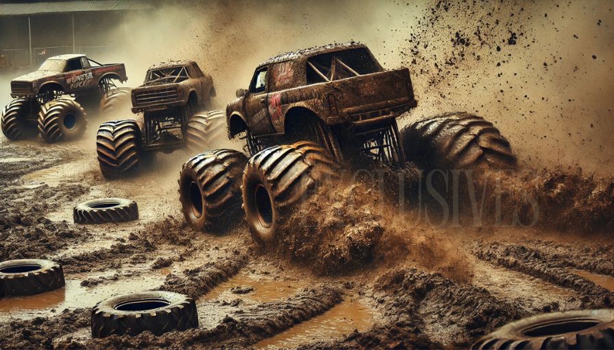 Trucks sliding through mud Trucks sliding through mud